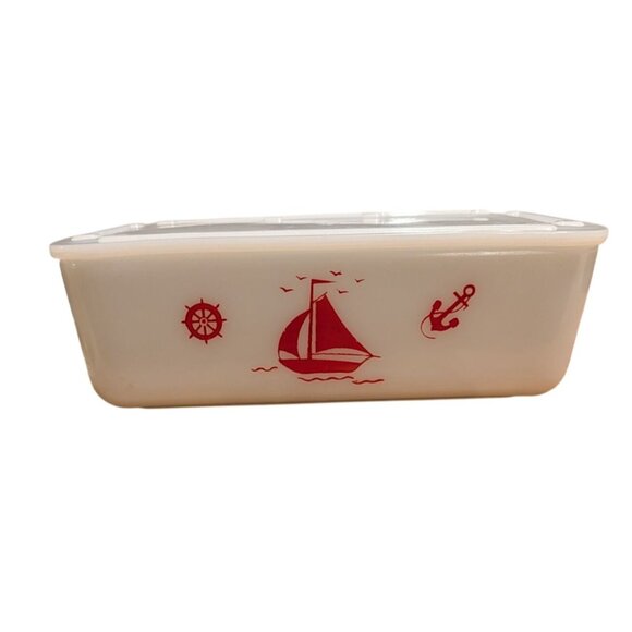 Vintage McKee Milk Glass Sailboat Design Rectangular Container Lid Ships red - Picture 4 of 16